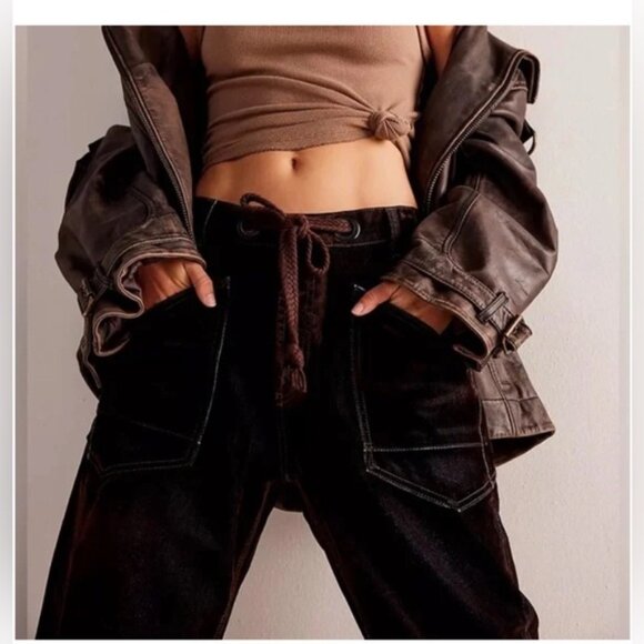 Free People Pants - We the Free moxie flocked pull on barrel jeans with rope belt in dark brown • 28